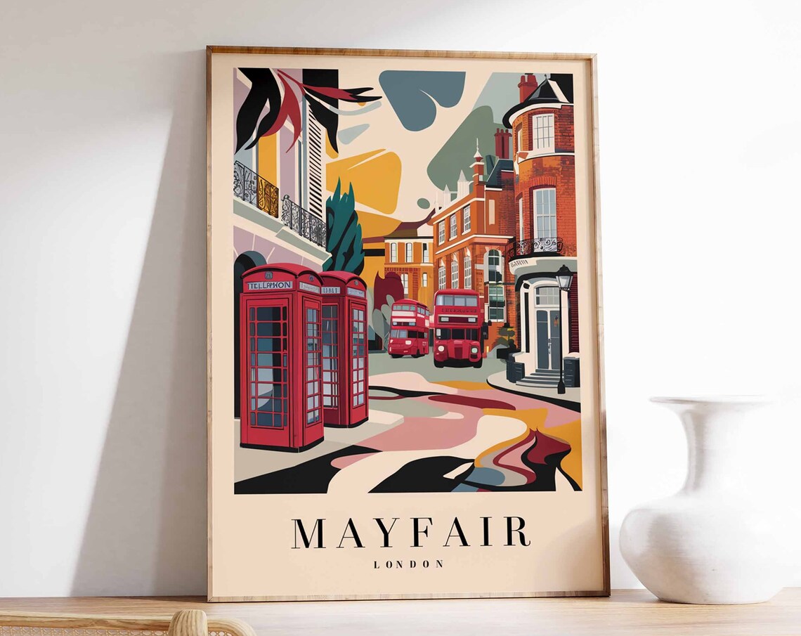 Mayfair London Red Phone Box Double Decker Bus Travel Poster