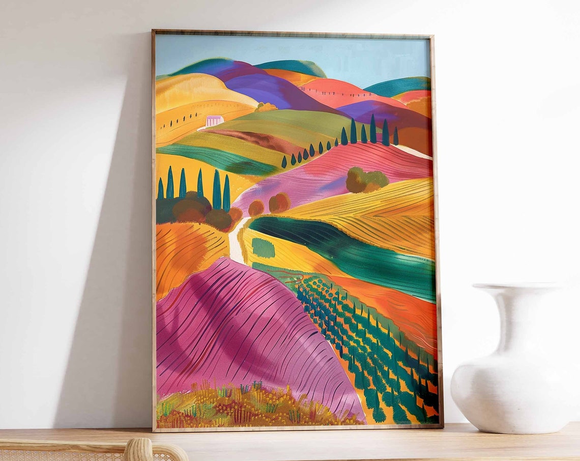 Vineyard Valley Cypress Trees Colorful Landscape Art Print Wall Decor