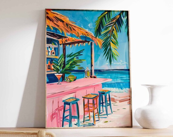 Pink Beach Bar Thatched Roof Colorful Stools Turquoise Ocean Scene Poster
