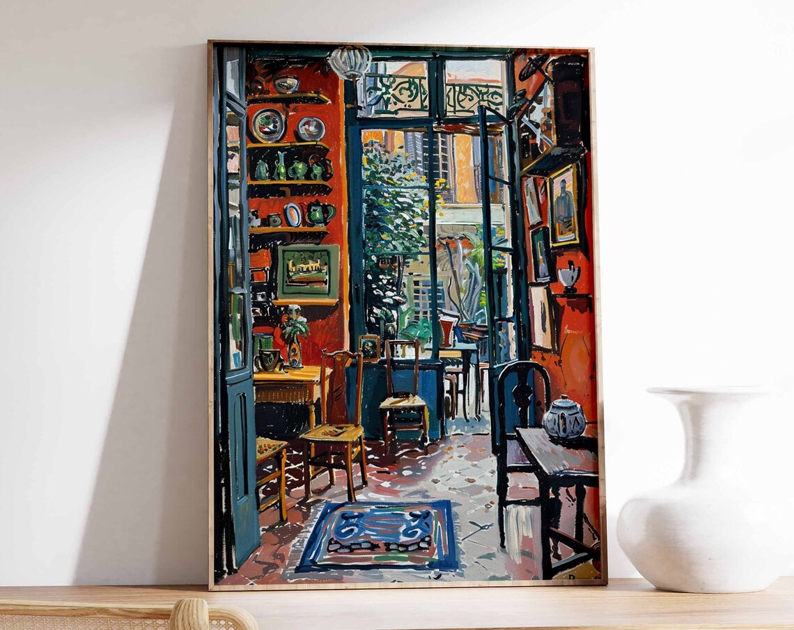 Red Dining Room Courtyard Door Pottery Shelves Bold Color Art Print