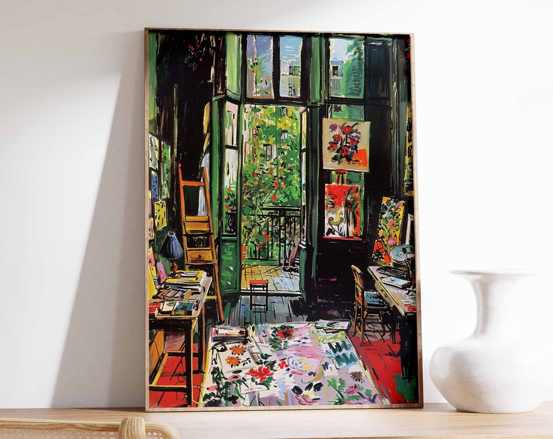 Dark Artist Studio with Garden Facing French Windows Rug Poster