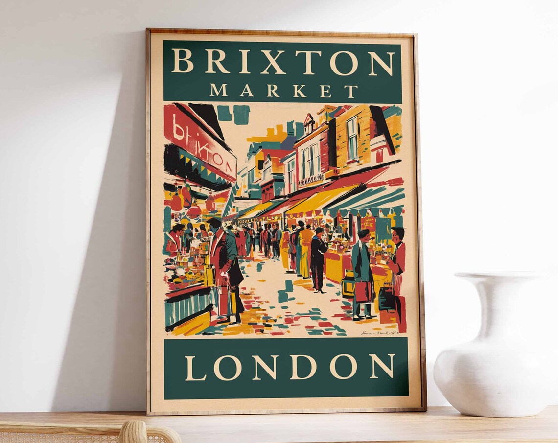 Brixton Market London Vintage Street Scene Retro Travel Poster