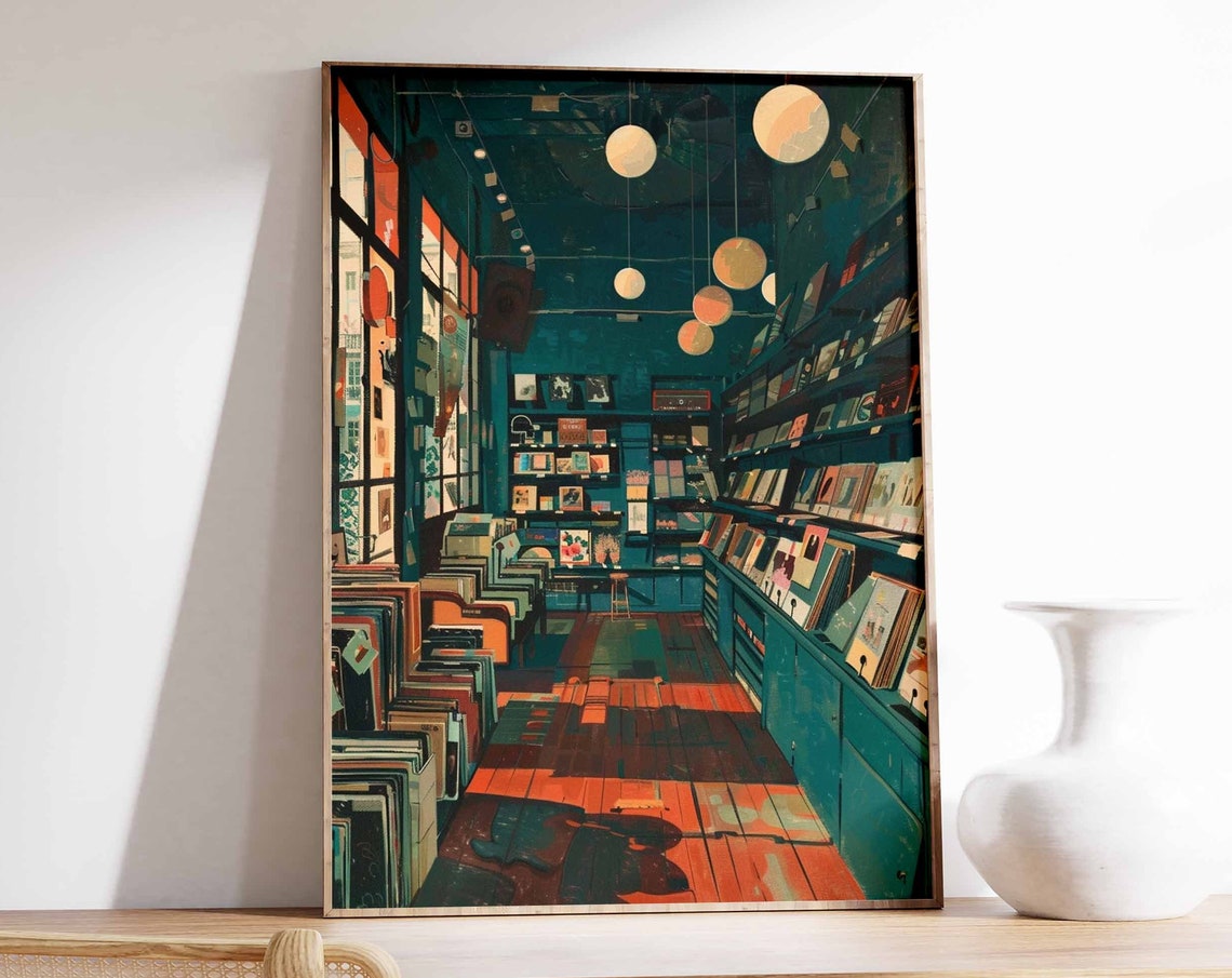 Moody Teal Record Shop Interior With Rows of Vinyl Albums Poster
