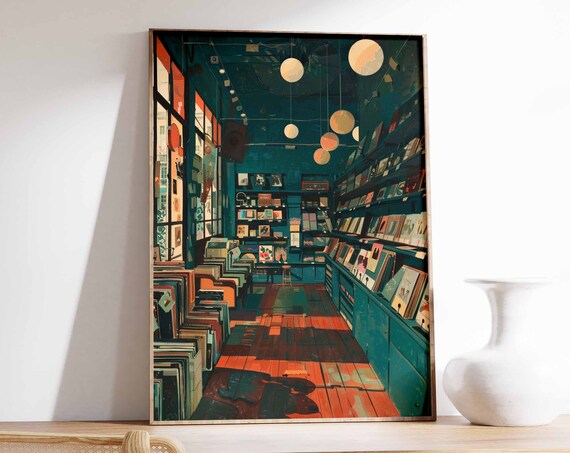 Moody Teal Record Shop Interior With Rows of Vinyl Albums Poster