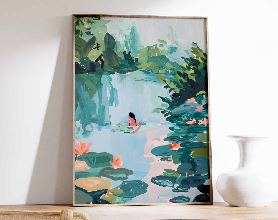 Woman Swimming in Lily Pond with Pink Flowers Botanical Art Poster