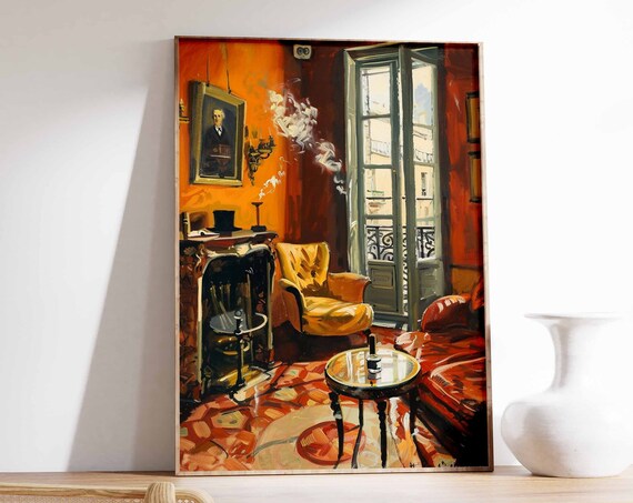 Red Smoking Room Armchairs Fireplace French Style Art Poster