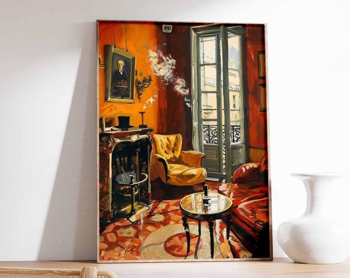 Red Smoking Room Armchairs Fireplace French Style Art Poster