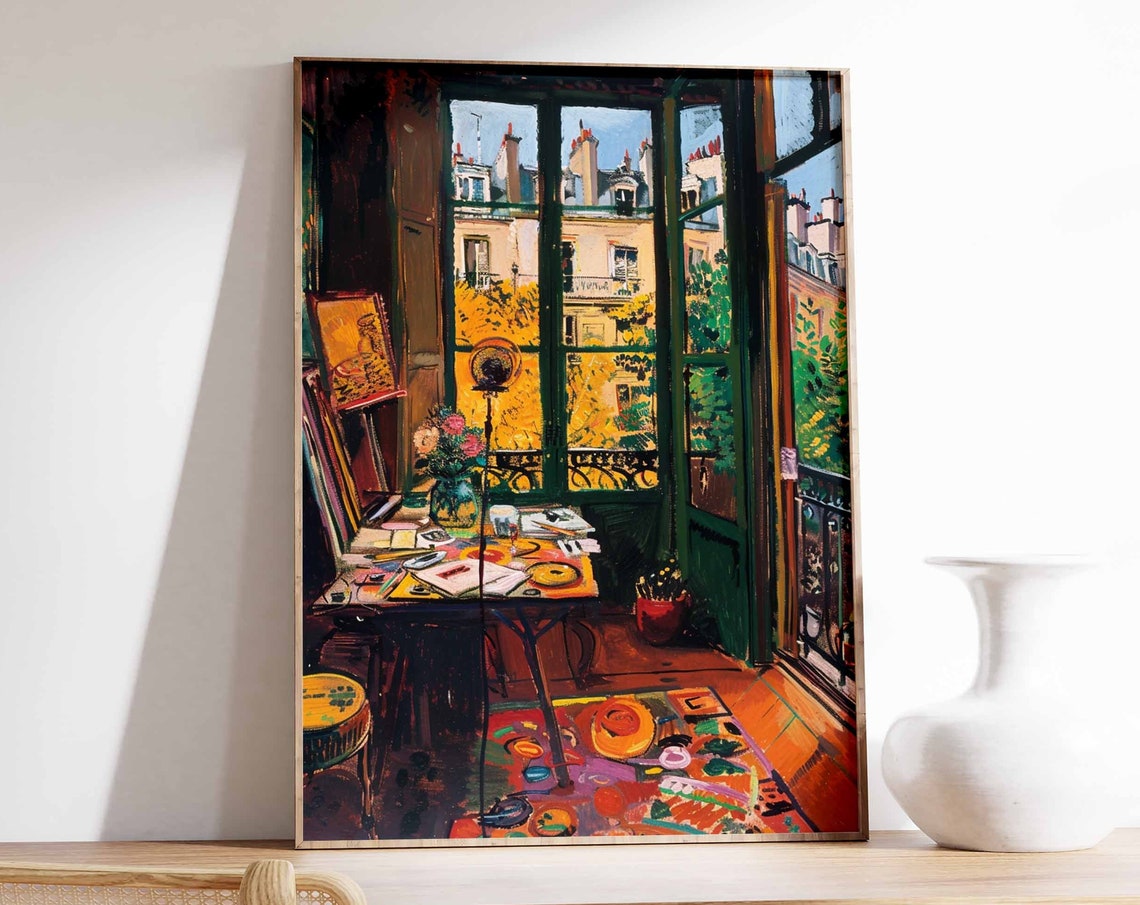 Sunlit Parisian Apartment with French Windows Rooftop View Poster