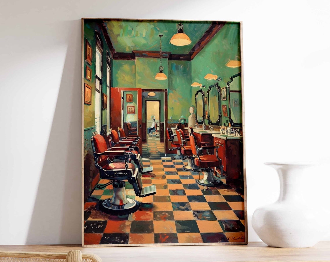 Emerald Green Barbershop Red Chairs Checkerboard Retro Salon Poster
