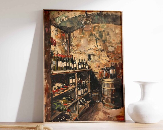 Rustic Wine Cellar Oil Painting Vintage Bottle Shelf Kitchen Poster
