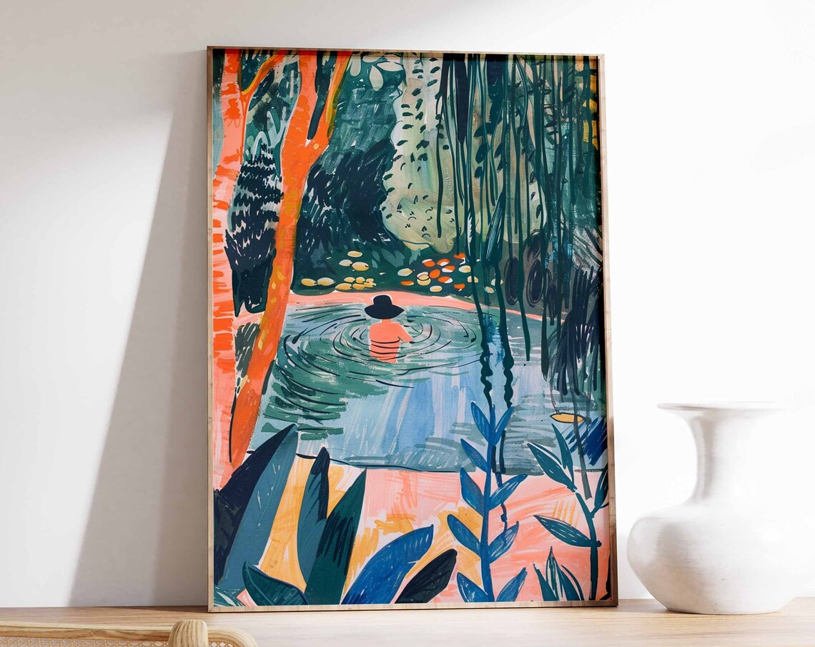 Swimming Woman Wading in Lily Pond with Orange Trees Art Poster