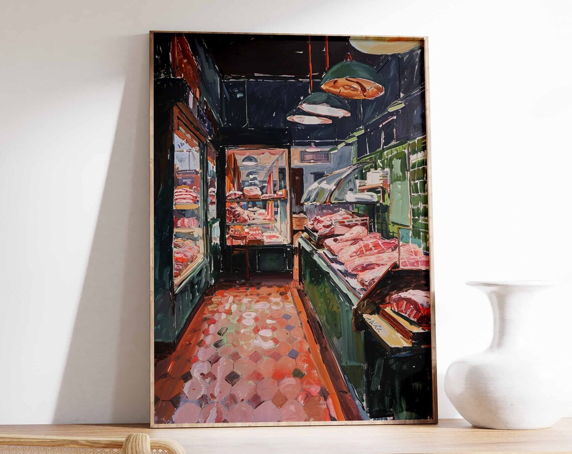 Vintage Butcher Shop Interior Meat Display Cases Retro Art Print