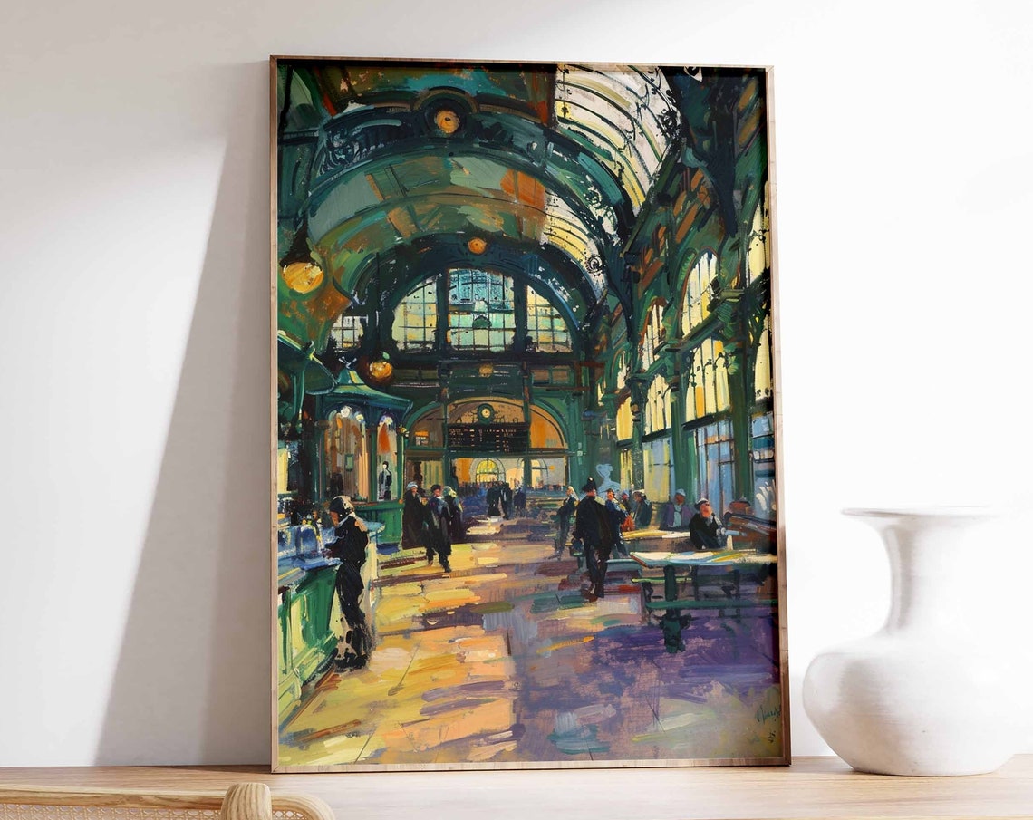 Grand Station Concourse Crowd Under Glass and Iron Roof Poster
