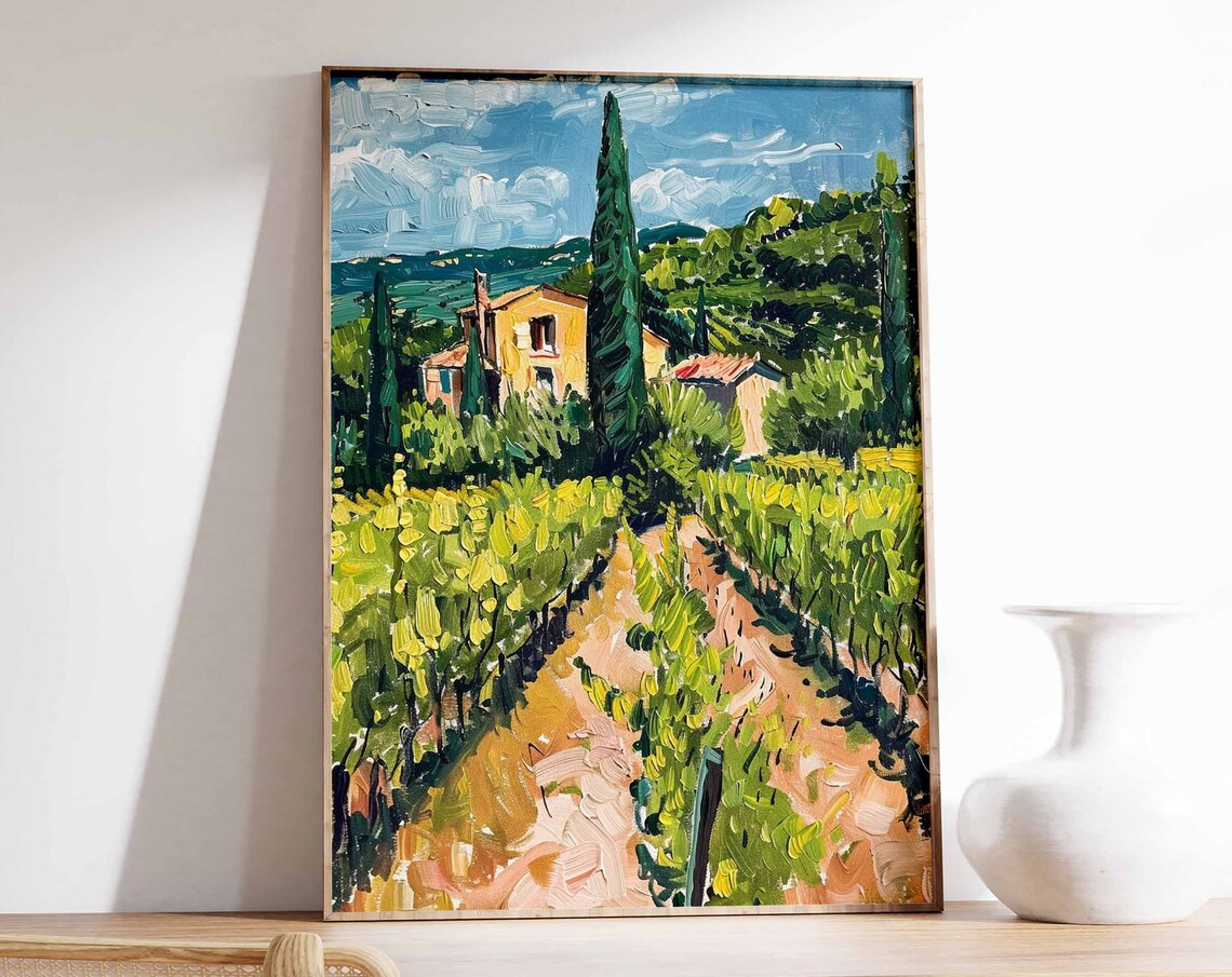 Impasto Vineyard Path Villa Art Poster Sunny Italian Countryside