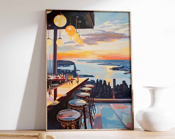 Rooftop Cocktail Bar Sunset City Skyline View Painting Style Poster