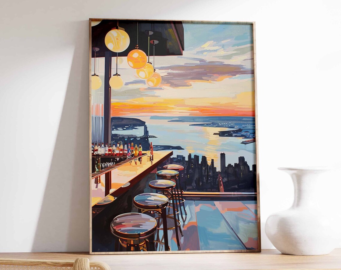 Rooftop Cocktail Bar Sunset City Skyline View Painting Style Poster