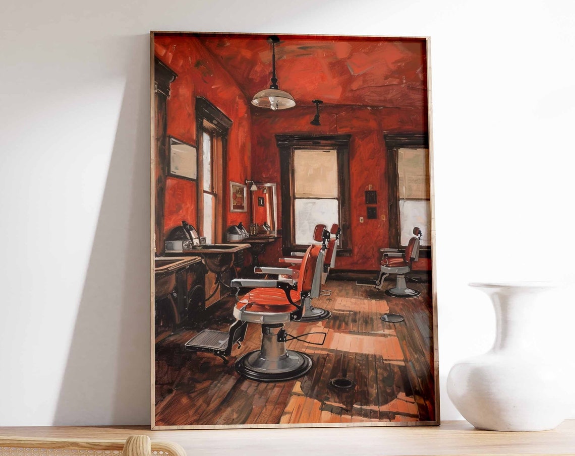 Vintage Barbershop Interior Red Chairs Retro Barber Shop Print