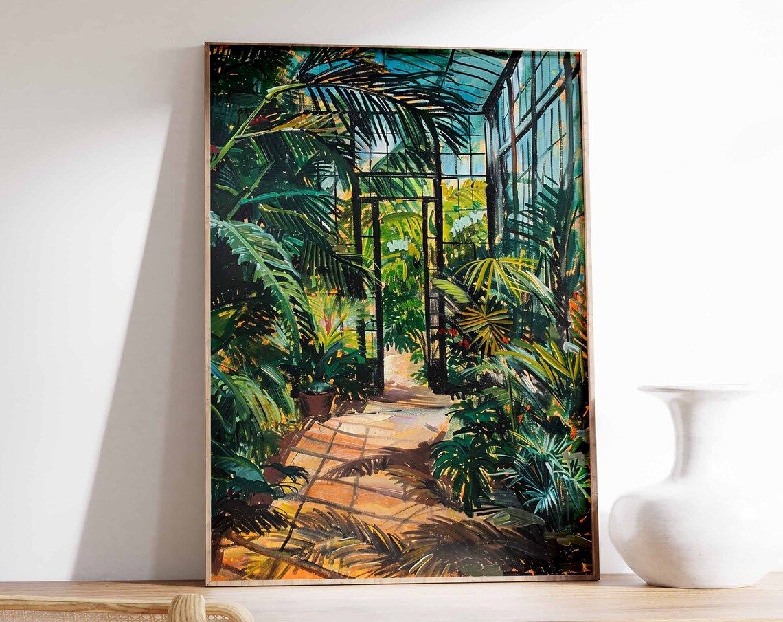Glass Roof Greenhouse Corridor Stone Path Tropical Painting Poster