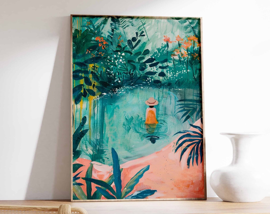Woman in Sun Hat Wading Through Emerald Jungle Pool Art Poster