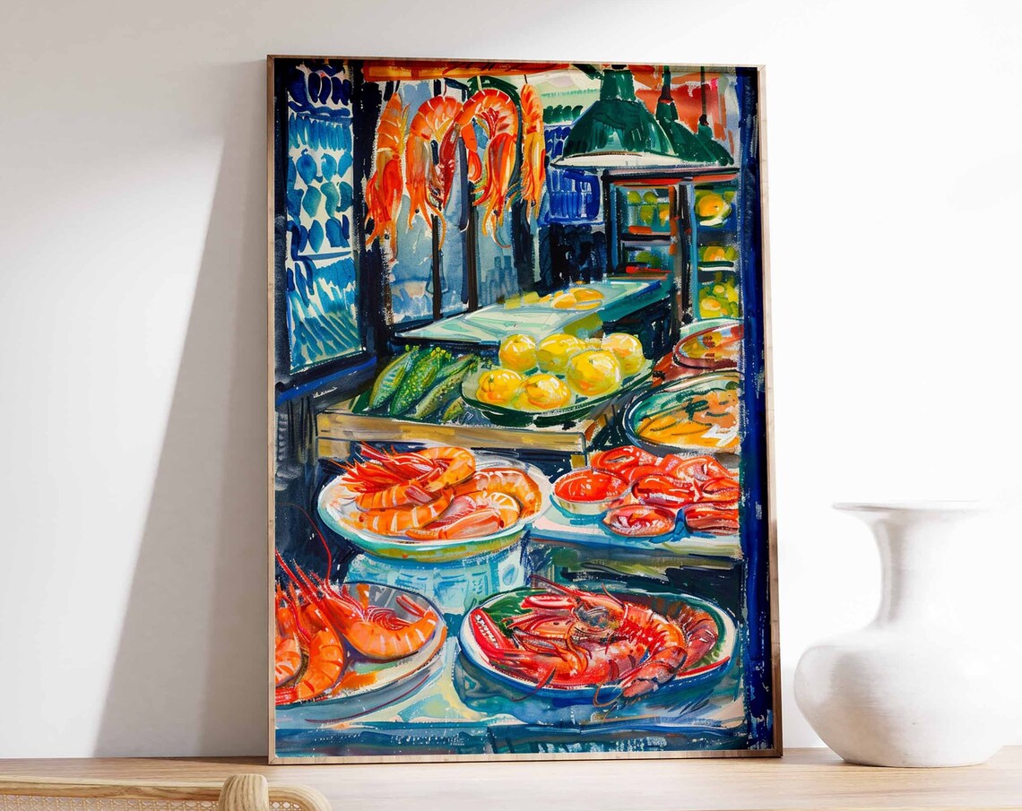 Shrimp Platters Hanging Prawns Blue Market Still Life Painting Poster