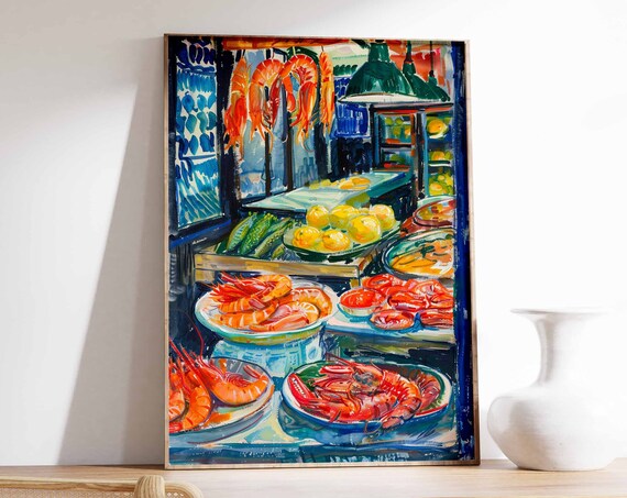 Asian Seafood Market Poster Seafood Print Food Poster Fish Market Print Kitchen Decor Asian Decor Oriental Art Print Seafood Art