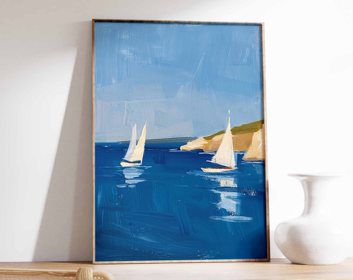 Two Sailboats Near White Cliffs Bright Blue Sea Nautical Art Poster
