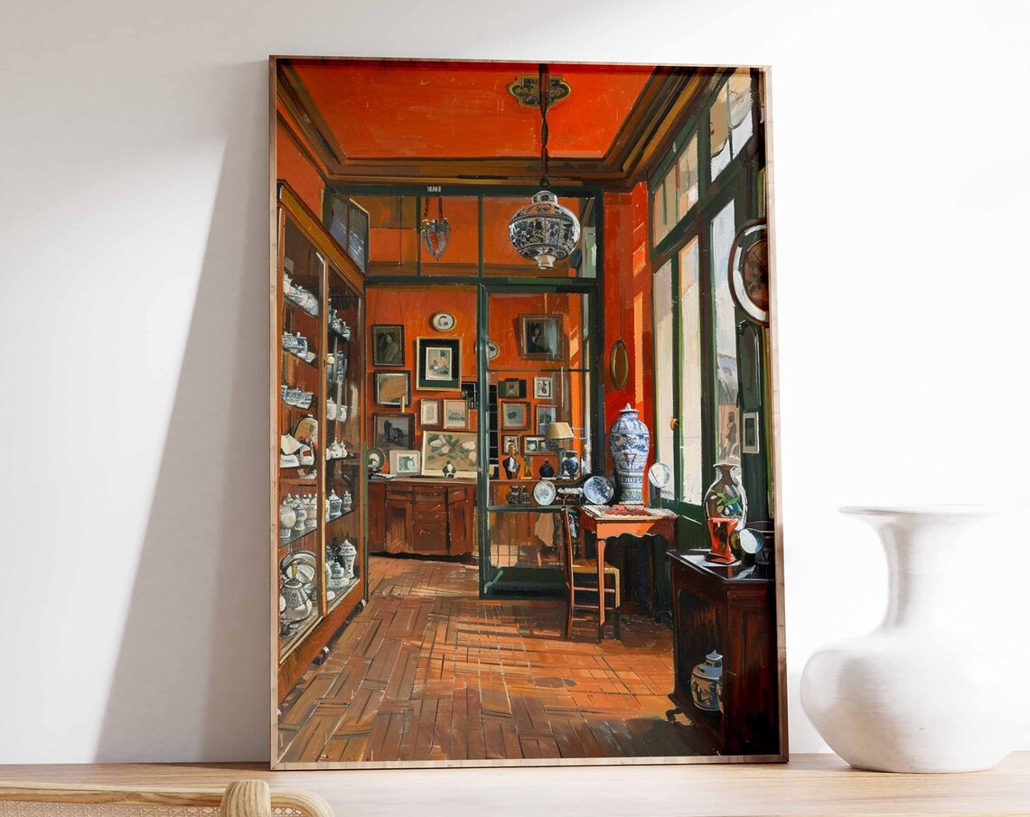 Orange Antique Shop Interior Porcelain Shelves Warm Sunlit Art Print