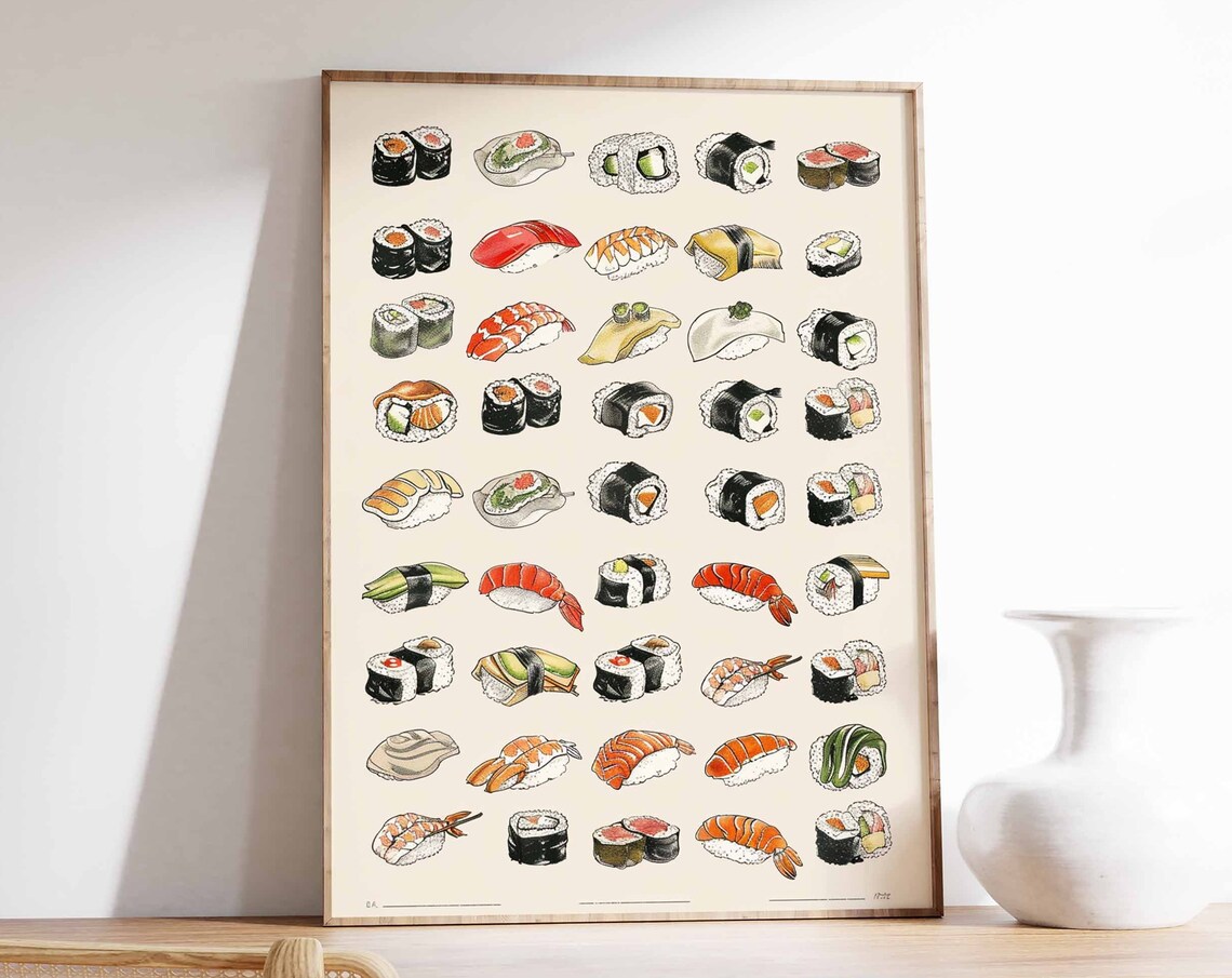 Sushi Varieties Illustrated Grid Nigiri Maki Japanese Food Art Poster
