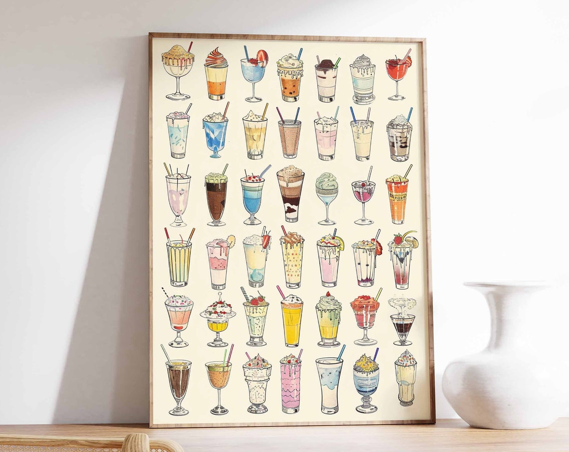 Illustrated Milkshake Collection Colorful Drinks Kitchen Poster Art