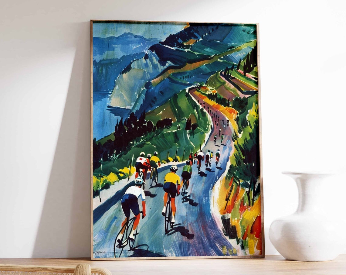 Cyclists Descending Mountain Road Toward Alpine Lake Colorful Poster
