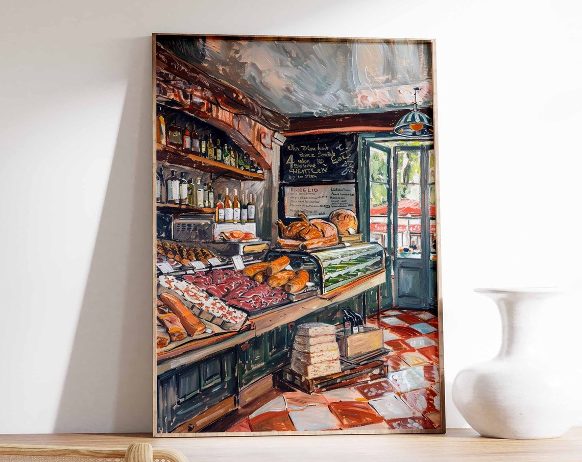 Italian Deli Cafe Interior Salami Bread Chalkboard Menu Poster