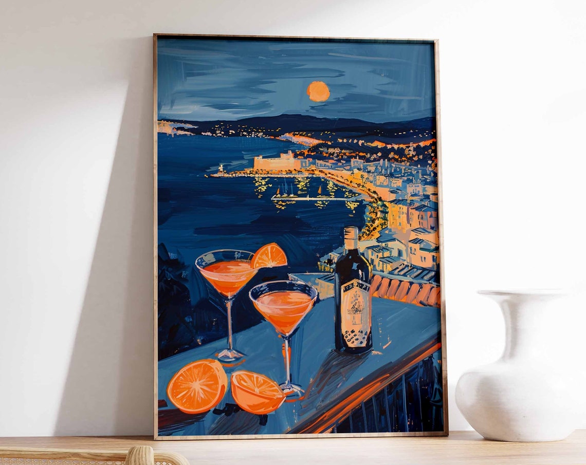 Rooftop Cocktail Night City View Orange Drink Bar Scene Print