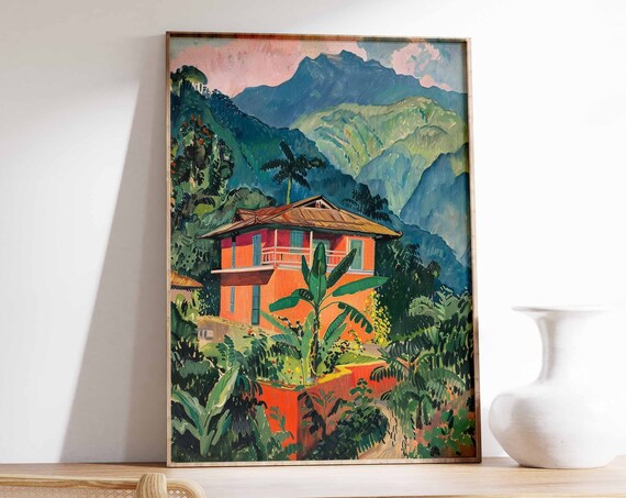 Red Mountain House Among Banana Trees Lush Green Peaks Art Poster