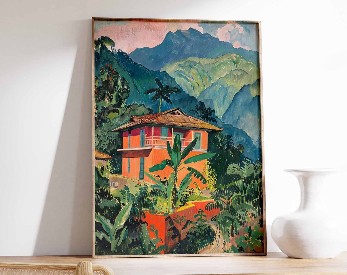 Red Mountain House Among Banana Trees Lush Green Peaks Art Poster