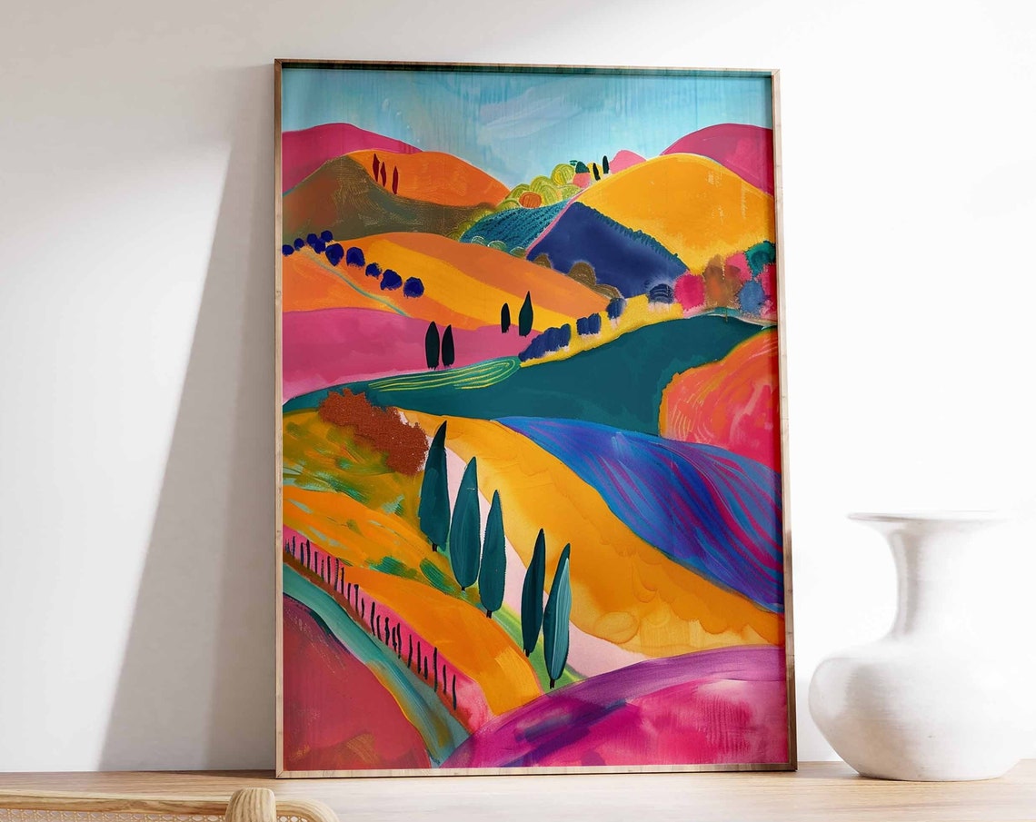 Colorful Rolling Hills With Cypress Trees Landscape Art Print