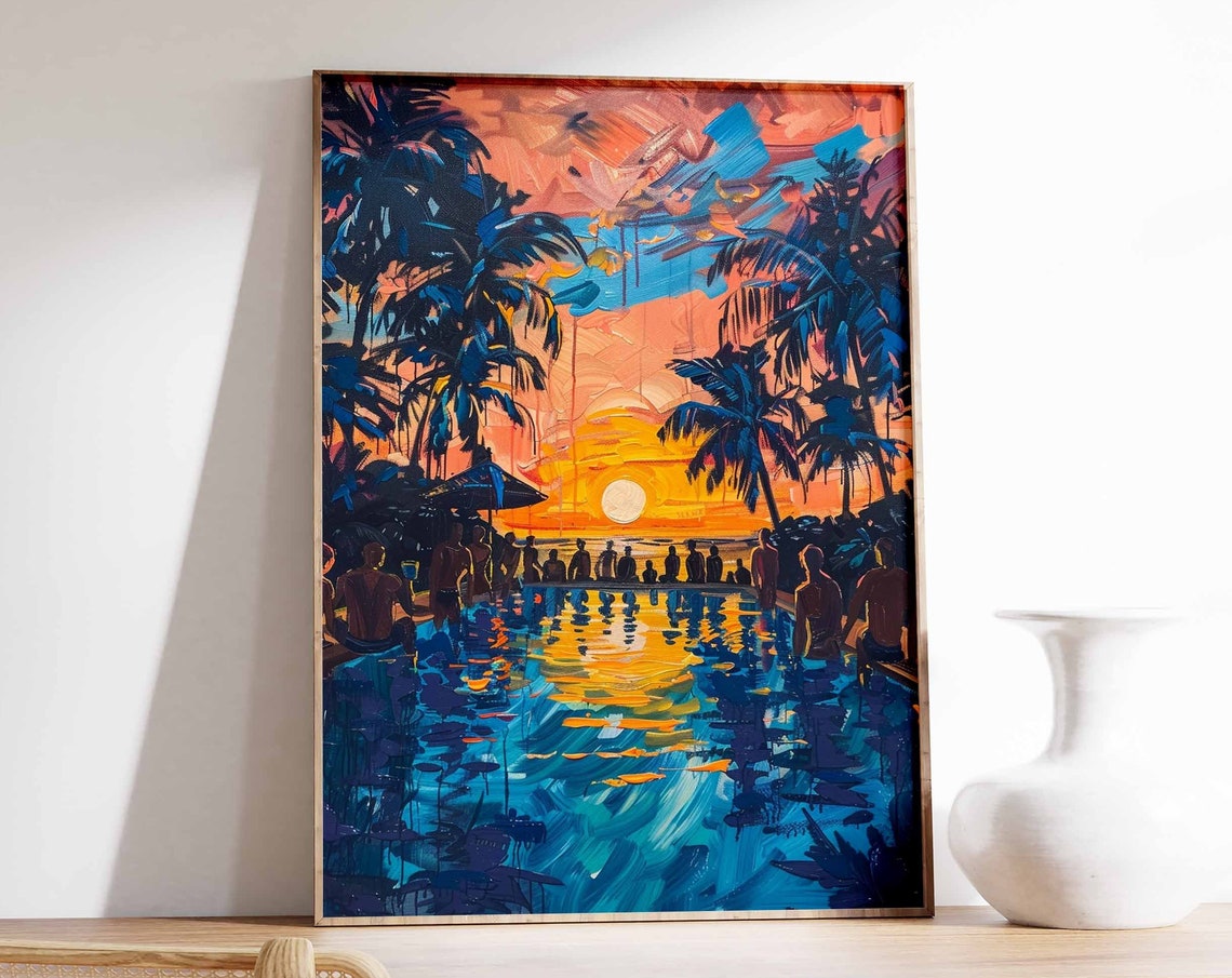 Sunset Pool Party Sun Reflection Palms Night Swim Art Poster