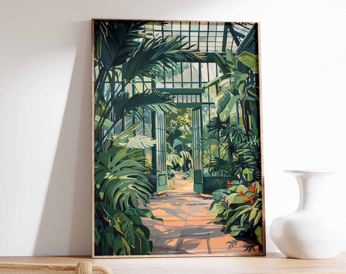Glasshouse Door Monstera Palm Leaves Tropical Garden Art Poster