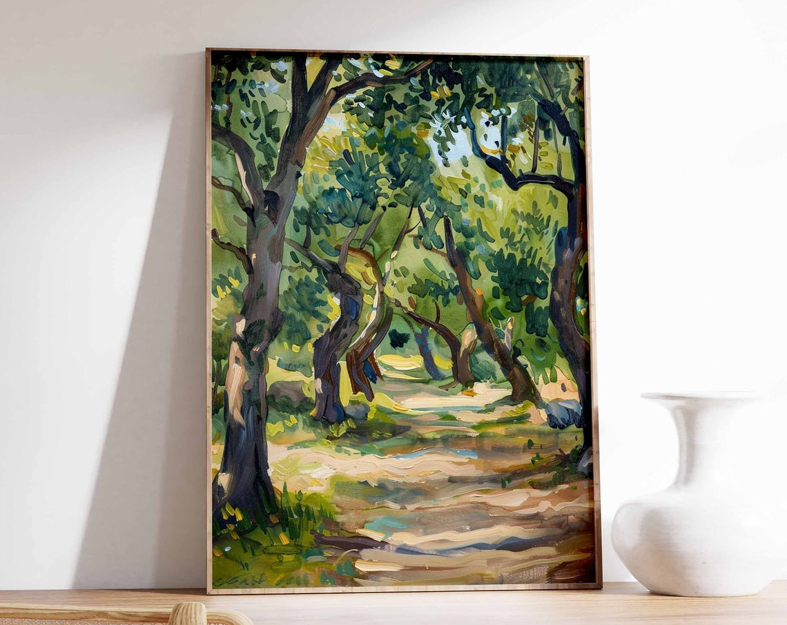 Dappled Olive Grove Woodland Path Oil Painting Art Print Wall Decor