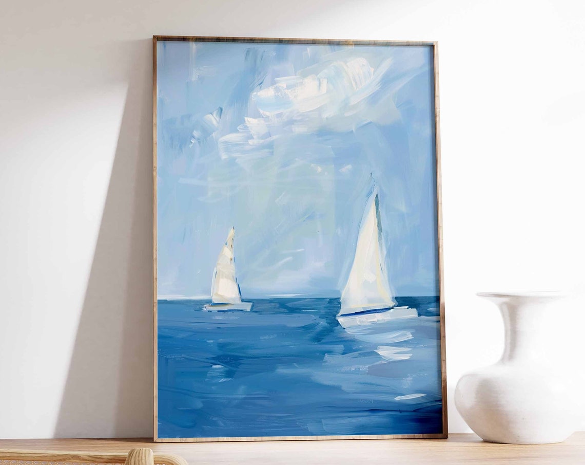 Two Sailboats on Blue Sea Light Sky Minimalist Nautical Art Poster