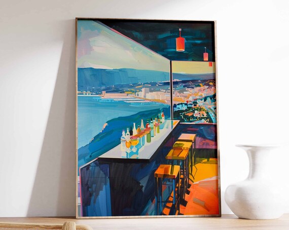Rooftop Bar Night City Lights Bay View Modern Bar Art Poster