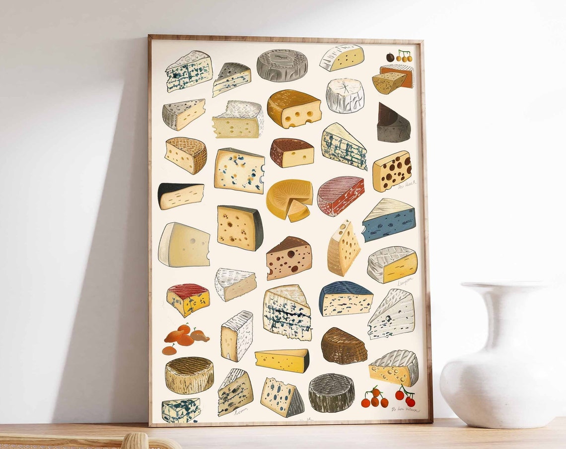 Cheese Varieties Illustrated Gourmet Food Poster for Kitchen Wall