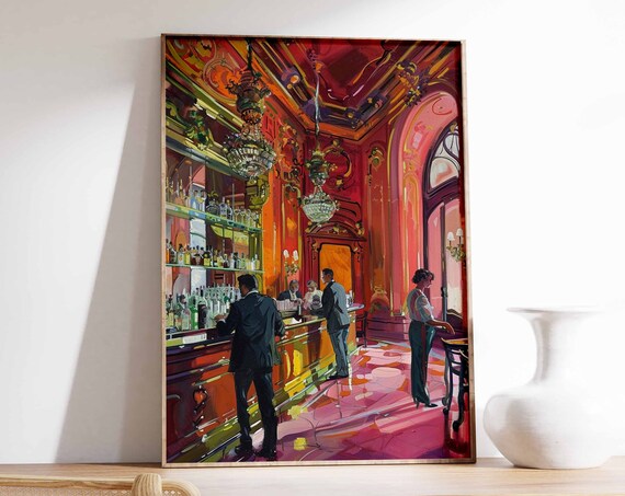 Grand Casino Bar Bartender Guests Red Night Bar Scene Poster
