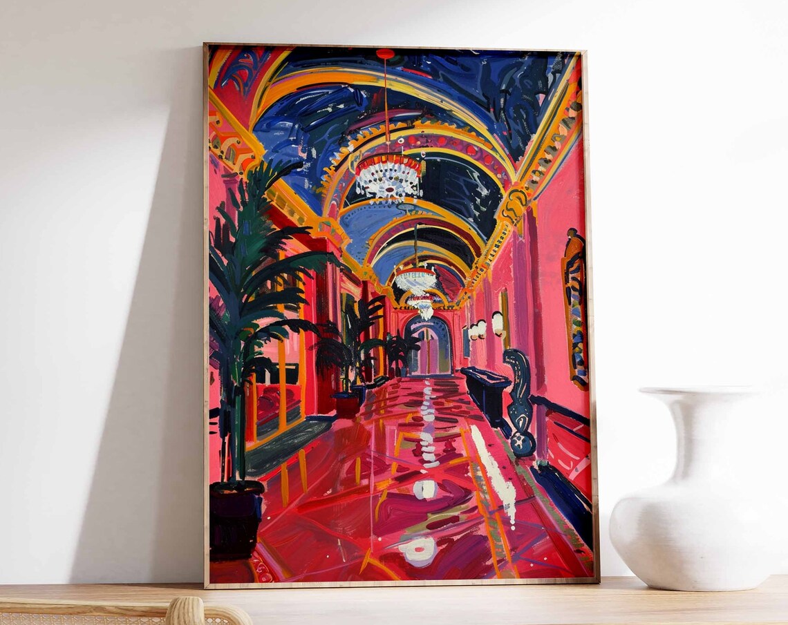 Grand Casino Ballroom Pink Gold Interior Chandelier Art Poster