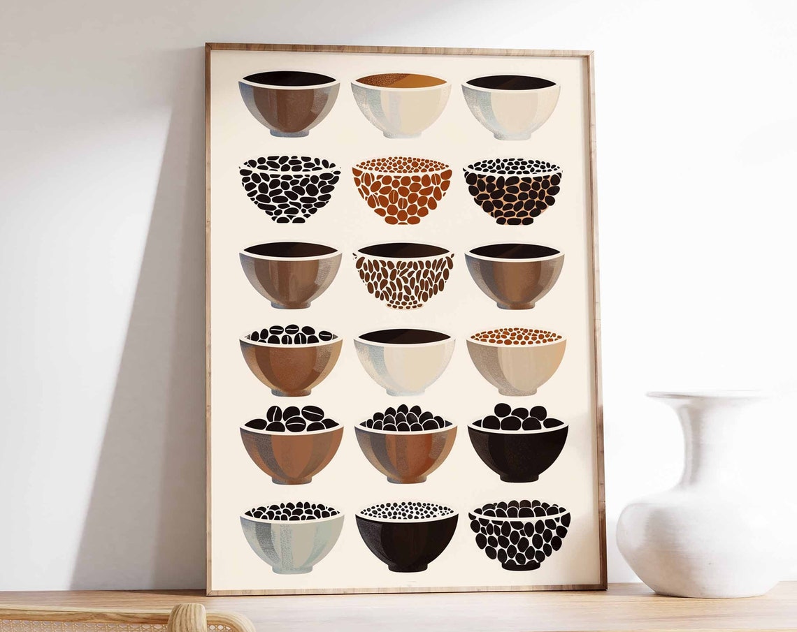 Minimalist Coffee Cups with Beans Illustrated Kitchen Poster Decor