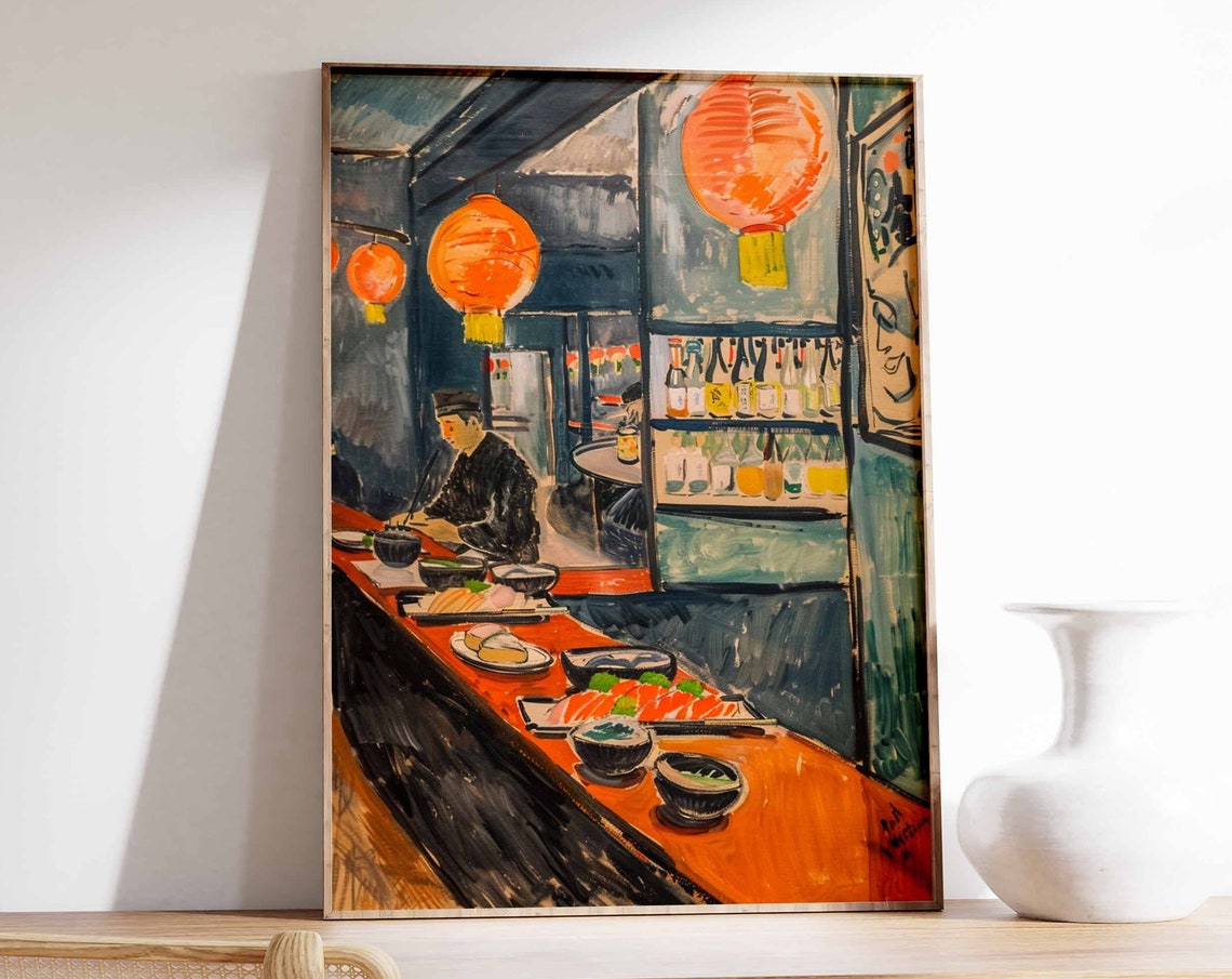 Japanese Sushi Chef Counter Orange Lanterns Sake Bottles Art Poster