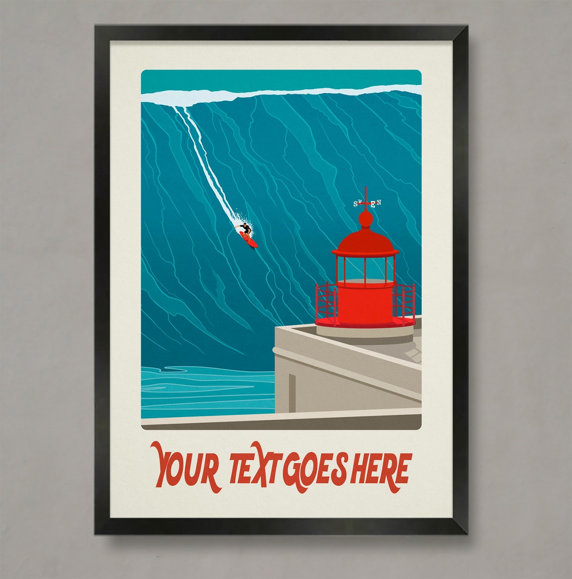 Personalised Surf Poster Red Lighthouse Surfer Big Wave Custom Text