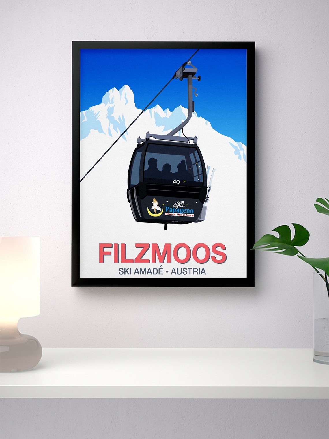 Filzmoos Ski Amade Austria Papageno Black Gondola Night Ride Poster - Image 2