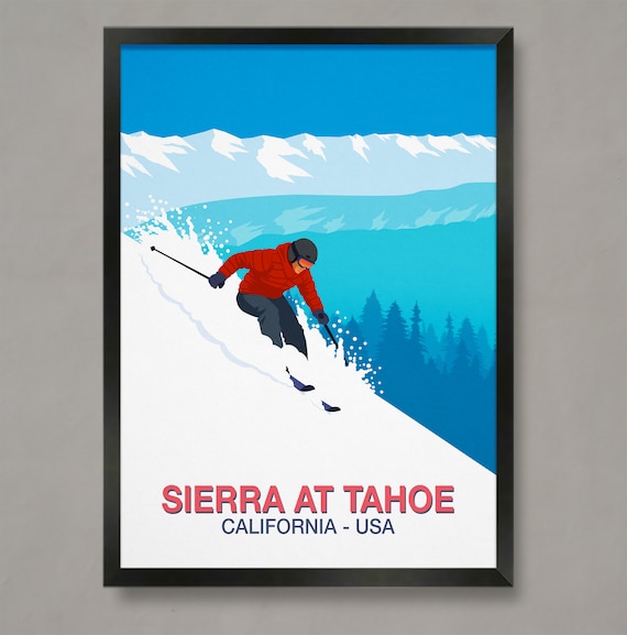 Sierra at Tahoe Ski Poster California Powder Carving Red Jacket