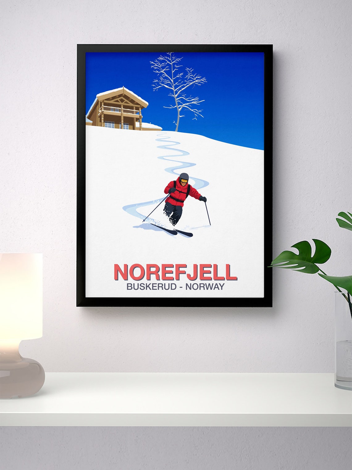 Norefjell Buskerud Norway Skier Red Jacket Chalet Mountain Ski Poster - Image 2