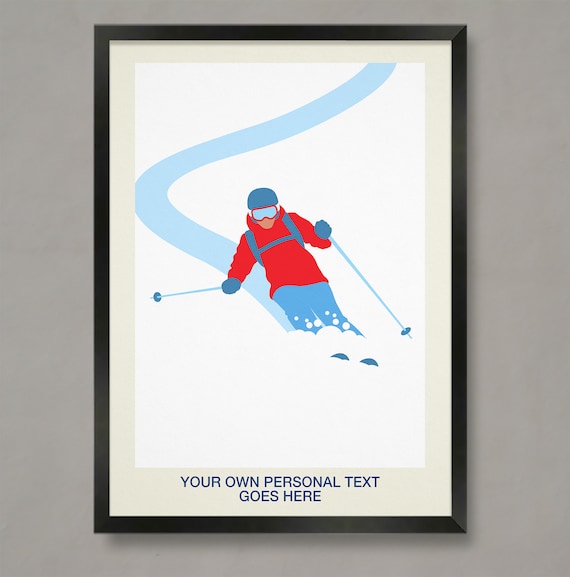 Personalised Minimalist Skier Custom Text Winter Gift Poster